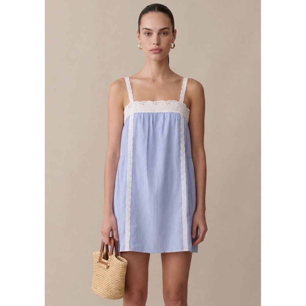 Few Moda Kourt Blue White Striped Eyelet Lace Mini Dress K25WDRS09150 Small NWT